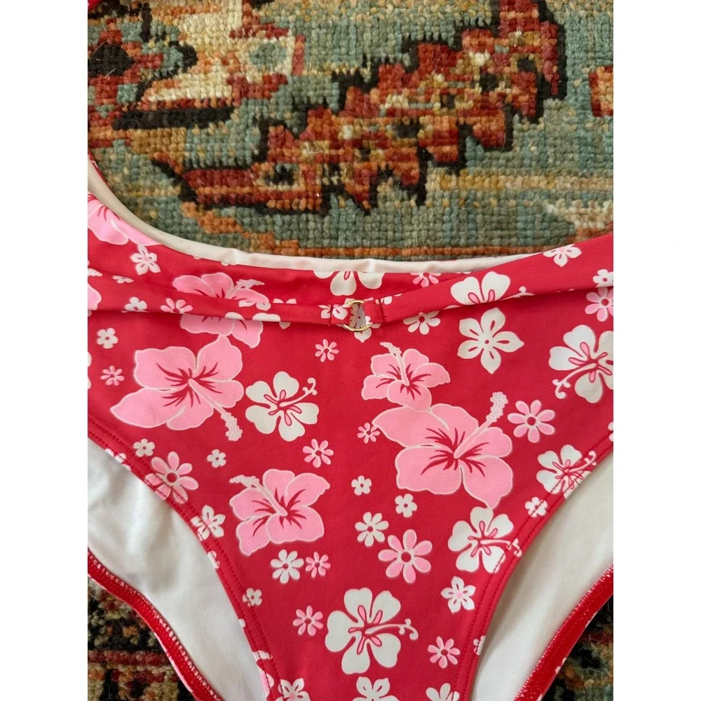 Frankies Bikinis Mila Red Pink Floral One Shoulder Cut Out Swimsuit Womens M